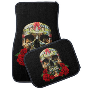 Colorful Day Of The Dead Sugar Skull Red Roses Car Floor Mat