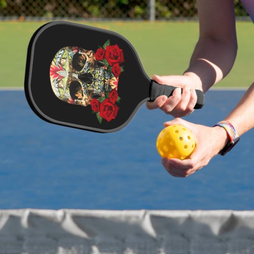 Colorful Day Of The Dead Sugar Skull Red Roses Pickleball Paddle