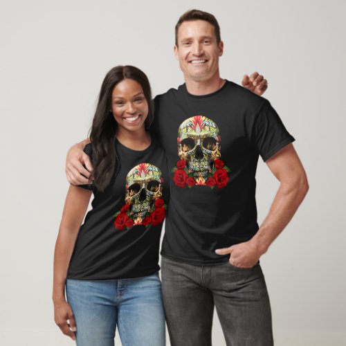 Colorful Day Of The Dead Sugar Skull Red Roses T_Shirt