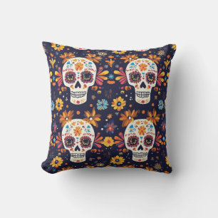 Colorful day of the dead sugar skull throw pillow