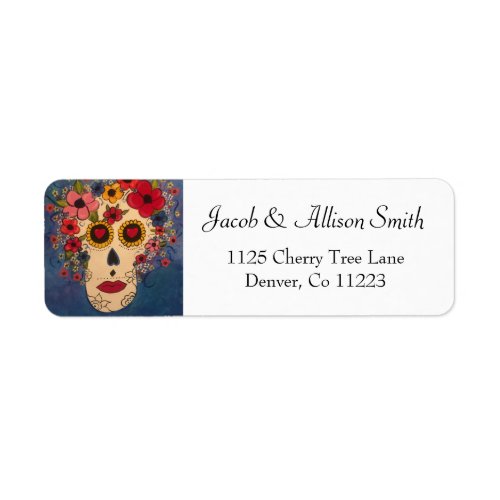 Colorful Day of the Dead Sugar Skull With Flowers Label