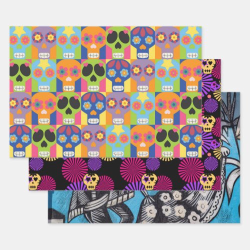 Colorful Day of the Dead Sugar Skulls Wrapping Paper Sheets
