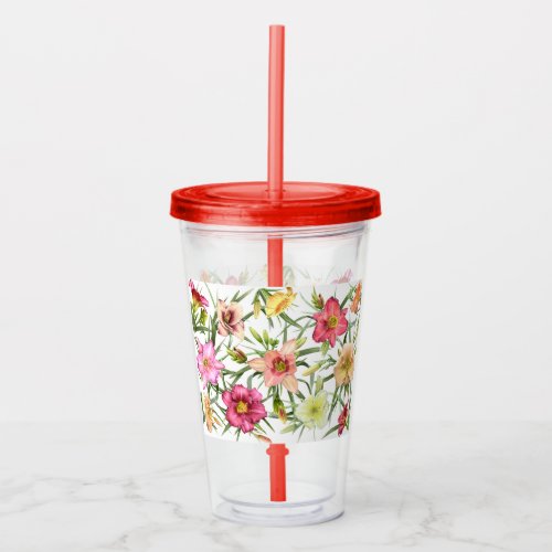 Colorful Daylilys All Over Pattern Acrylic Tumbler