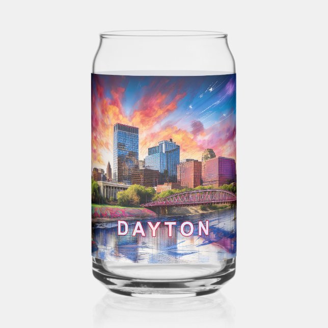 Colorful Dayton Skyline Can Glass (Back)
