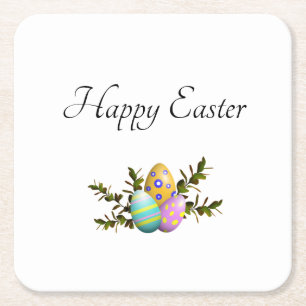 Colorful Decorative Easter Eggs Botanical Square Paper Coaster