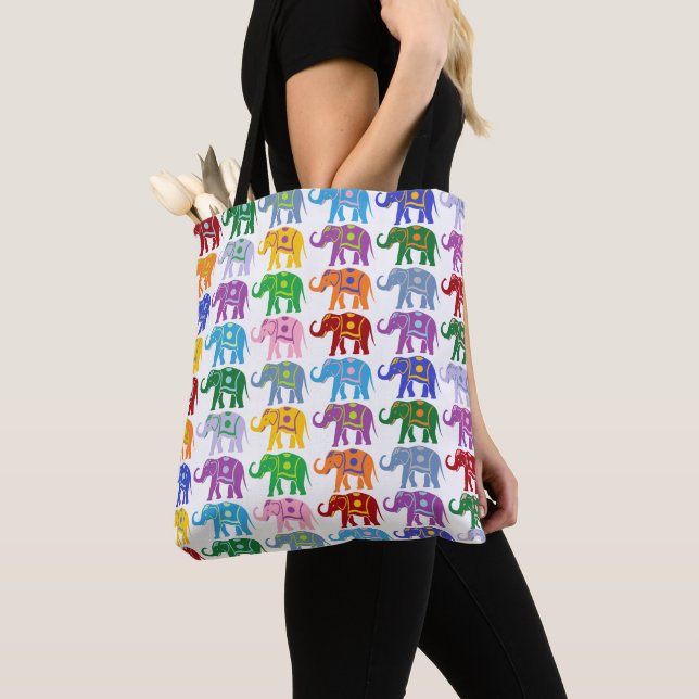 Colorful Decorative Elephants Pattern Tote Bag (Close Up)