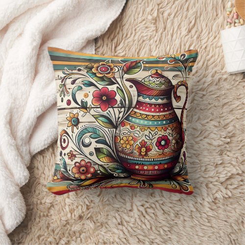 Colorful decorative jar with floral patterns throw pillow