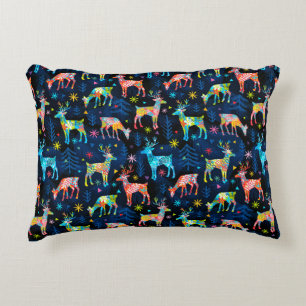 Colorful Deer Chrismas Tree Forest Star Snowflakes Accent Pillow