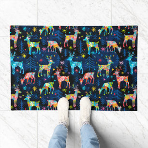 Colorful Deer Chrismas Tree Forest Star Snowflakes Doormat