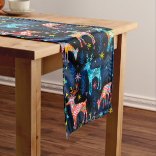 Colorful Deer Chrismas Tree Forest Star Snowflakes Long Table Runner