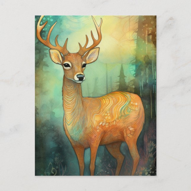 Colorful Deer Mixed Media Painting Postcard (Front)