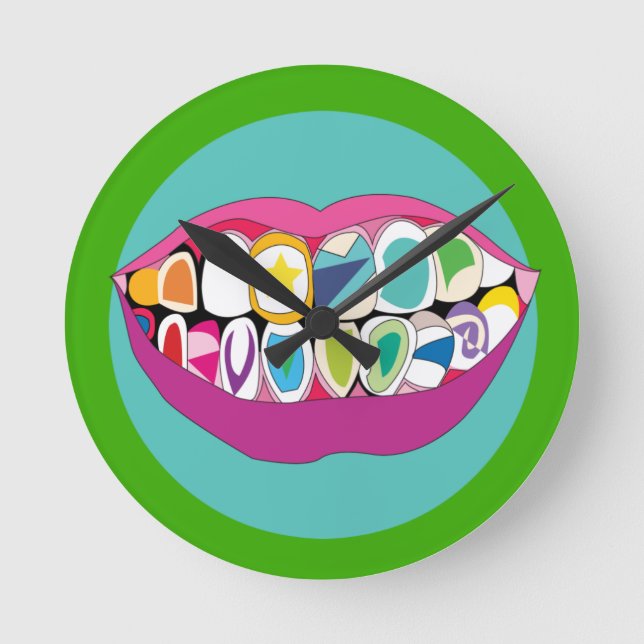 Colorful Dentist Office Tooth Teeth Smile Round Clock (Front)