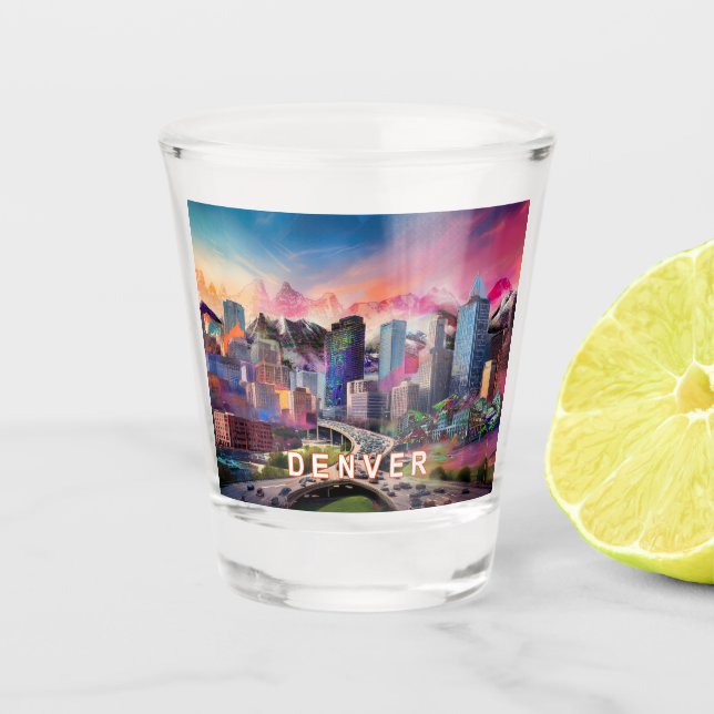 Colorful Denver Skyline Abstract Art Shot Glass (Front)