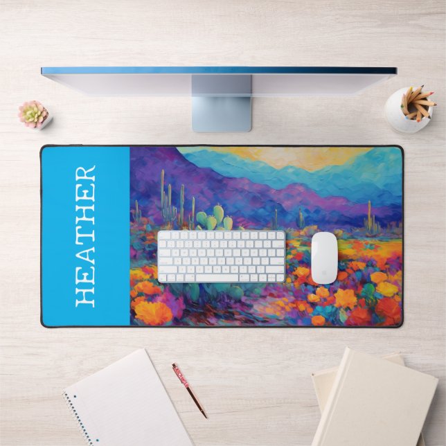 Colorful Desert Cactus Monogram Name Desk Mat (Office 1)