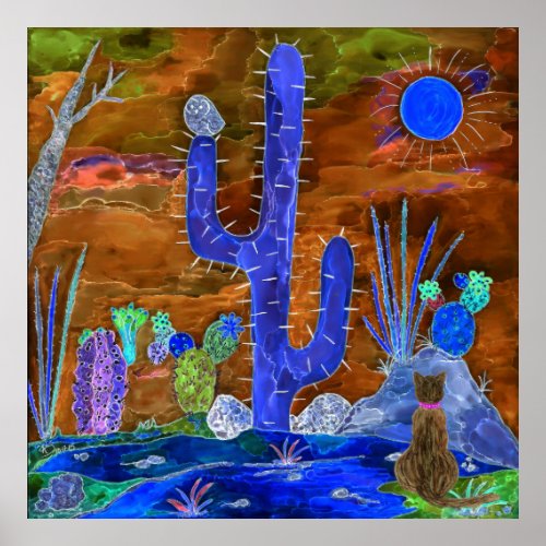 Colorful Desert Cactus Scene Cat Poster 32x32