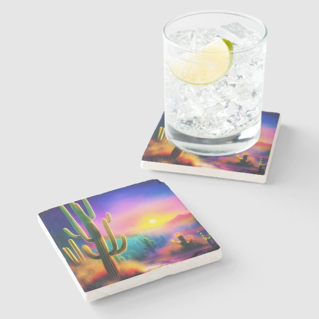Colorful desert sunset  stone coaster (Side)