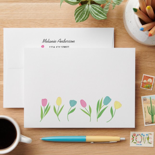 Colorful design with illustrated tulips envelope (Desk)