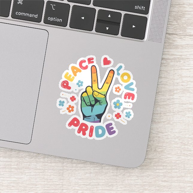 Colorful design with peace, love and pride hand sticker (Detail)