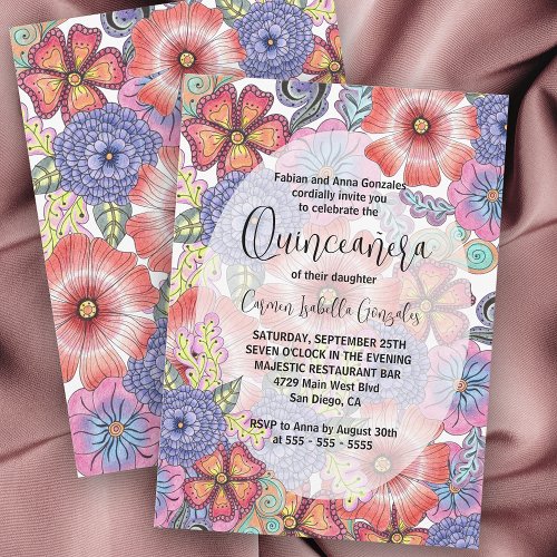 Colorful Detailed Flowers and Leaves Quinceaera Invitation