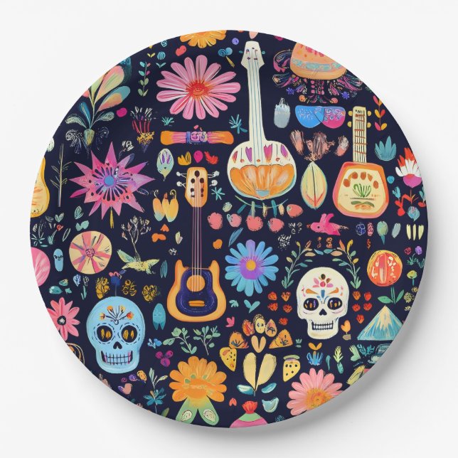 Colorful Dia de los muertos pattern Paper Plates (Front)
