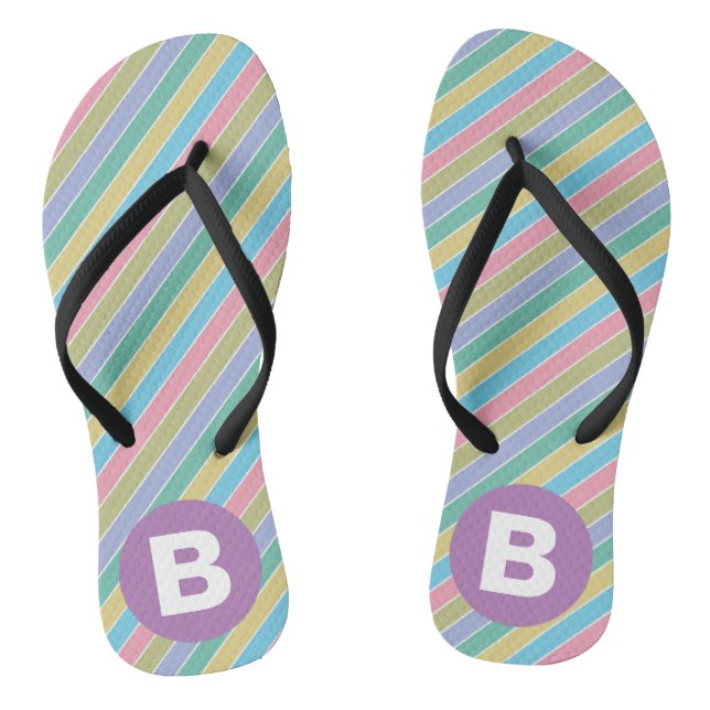 Colorful Diagonal Candy Stripes Purple Monogram Flip Flops (Footbed)