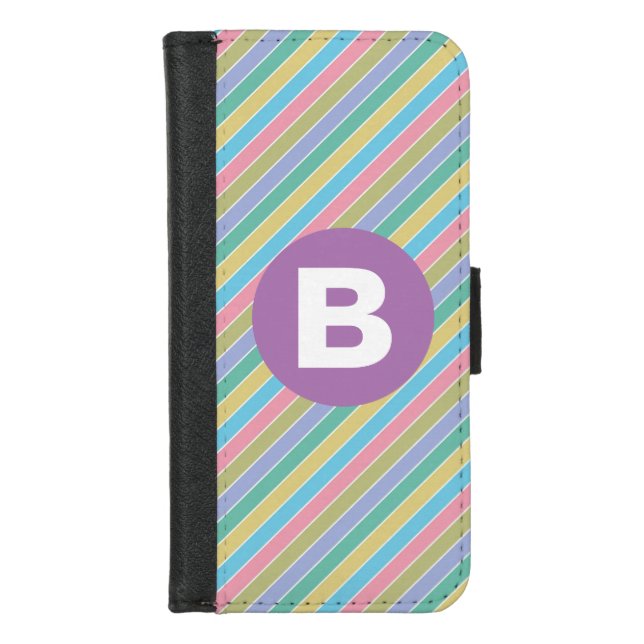 Colorful Diagonal Candy Stripes Purple Monogram iPhone Wallet Case (Front)