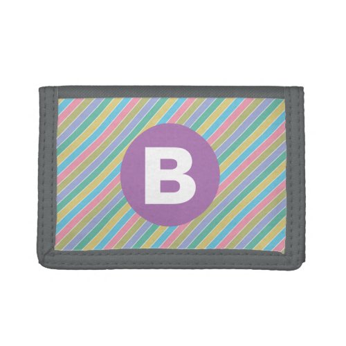 Colorful Diagonal Candy Stripes Purple Monogram Trifold Wallet