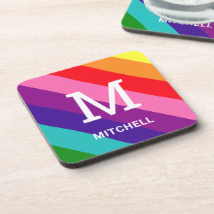 Colorful Diagonal Stripe Monogram Name Beverage Coaster