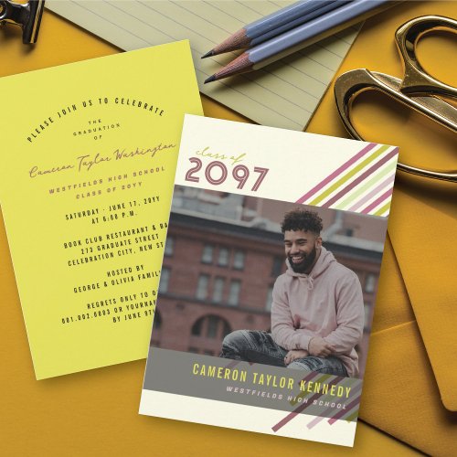 Colorful Diagonal Stripes Photo Graduation Party Invitation