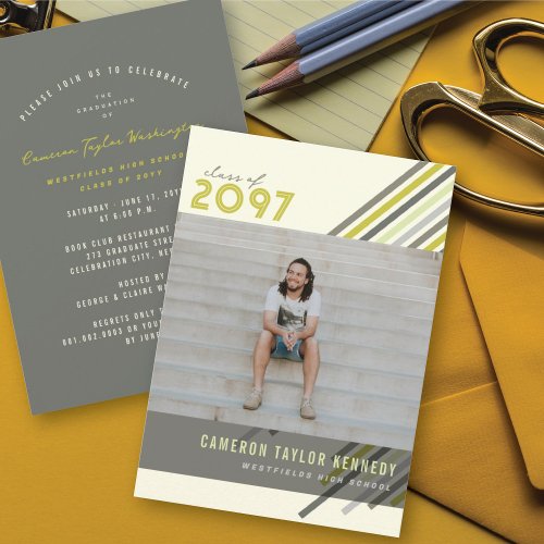 Colorful Diagonal Stripes Photo Graduation Party Invitation