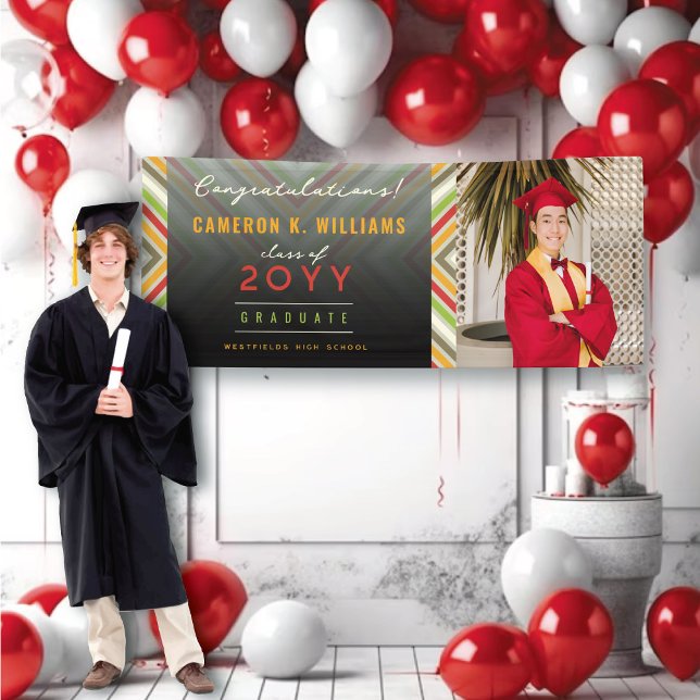 Colorful Diagonal Stripes Trendy Photo Graduation Banner (Trendy Colorful Diagonal Stripes Modern One Photo Graduation Banner @ zazzle.com/color_therapy)