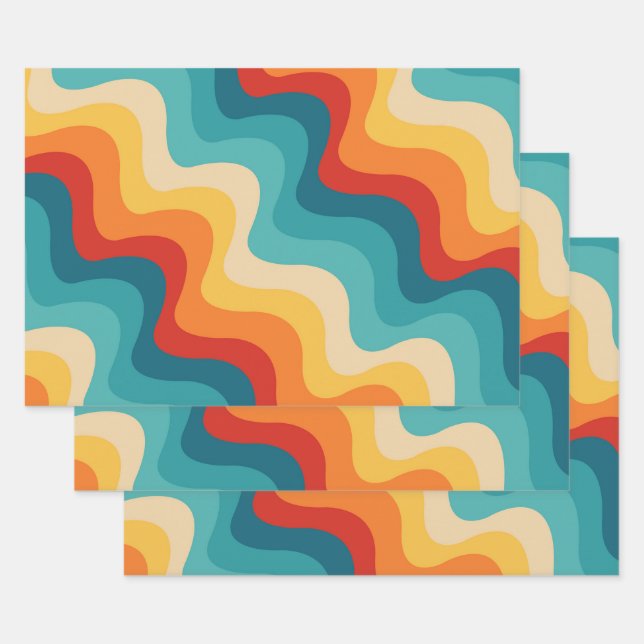 Colorful diagonal waves in retro style  wrapping paper sheets (Set)