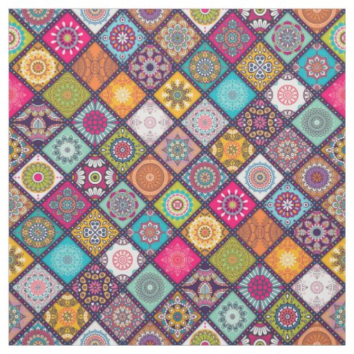 Colorful diamond tiled mandalas floral pattern fabric