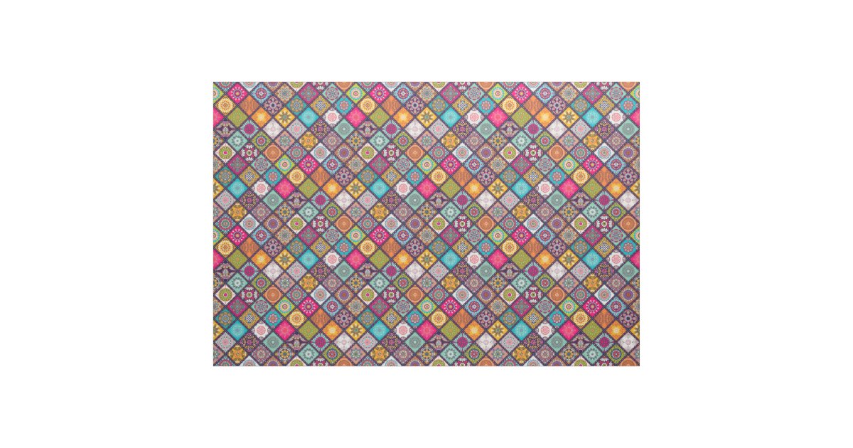 Colorful diamond tiled mandalas floral pattern fabric | Zazzle