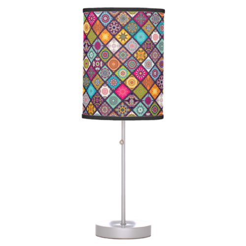 Colorful diamond tiled mandalas floral pattern table lamp
