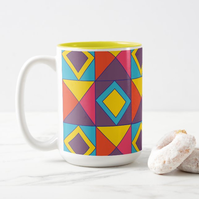 Colorful Diamond Triangle Geometric  Two-Tone Coffee Mug (With Donut)