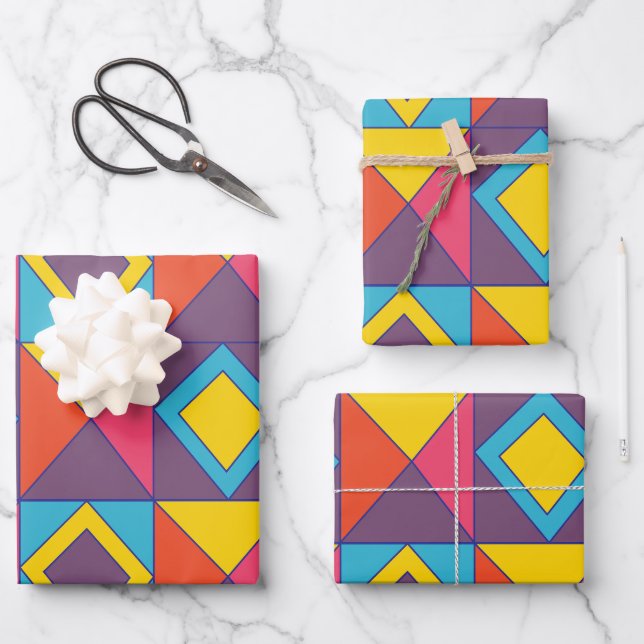 Colorful Diamond Triangle Geometric  Wrapping Paper Sheets (Front)