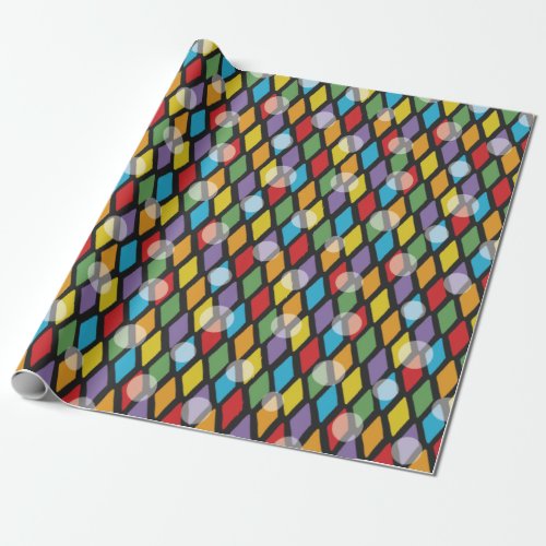 Colorful Diamonds and Transparent Dots on Black Wrapping Paper