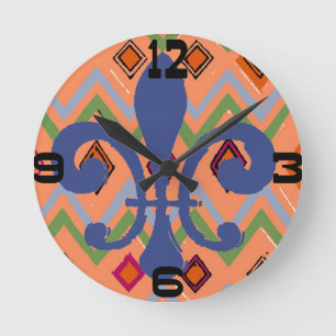 Colorful Diamonds Blue Fleur De Lis Round Clock