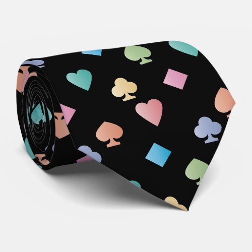 Colorful Diamonds Hearts Clubs and Spades on black Neck Tie