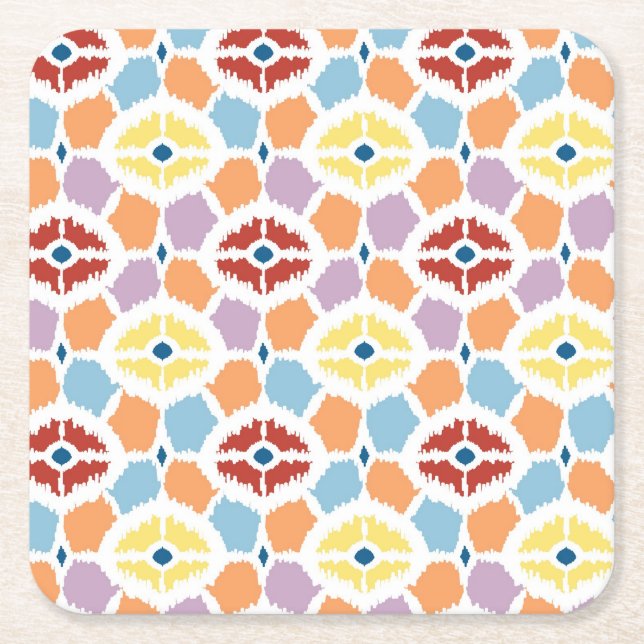 Colorful diamonds ikat geometric square paper coaster (Front)