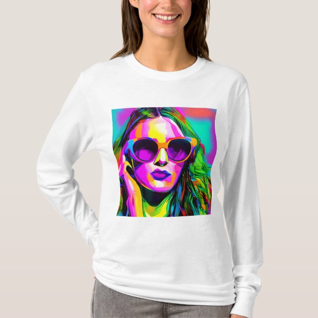 Colorful Digital Art Pretty Lady in Sunglasses T-Shirt (Front)