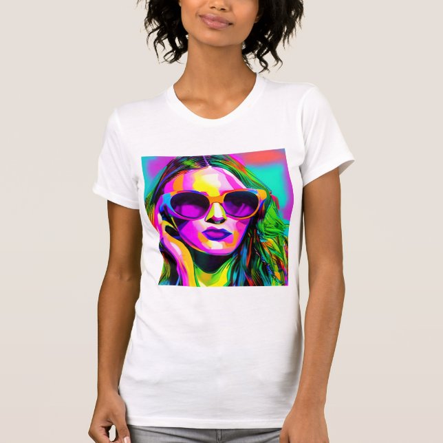 Colorful Digital Art Pretty Lady in Sunglasses T-Shirt (Front)