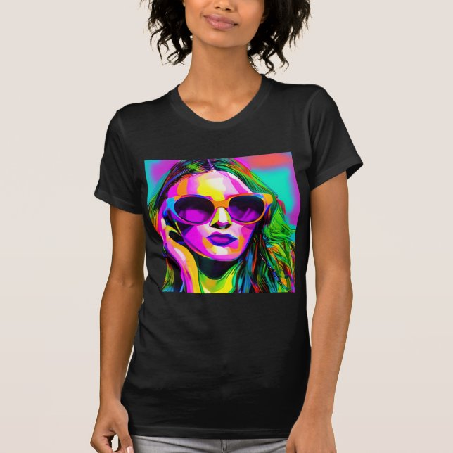 Colorful Digital Art Pretty Lady in Sunglasses T-Shirt (Front)