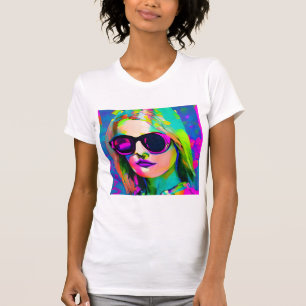 Colorful Digital Art Pretty Lady in Sunglasses T-Shirt