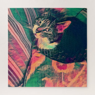 Colorful digital image little tabby cat on pillows jigsaw puzzle