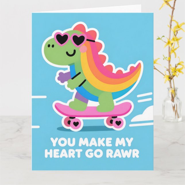 Colorful Dino Love Funny Valentine Card (Yellow Flower)