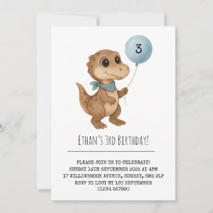 Colorful Dino with Blue Scarf and Balloon Birthday Invitation