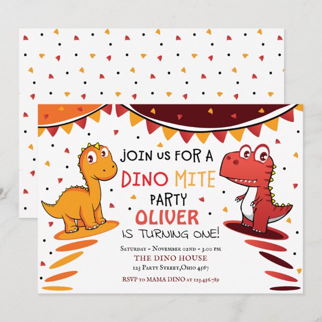 Colorful Dinomite Dinosaur Birthday Party Invitation (Front/Back)