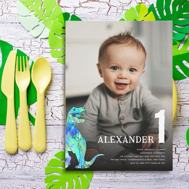 Colorful Dinosaur 1st Birthday Party Custom Photo Invitation (Colorful Dinosaur T-Rex 1st birthday party custom photo watercolor Dino)